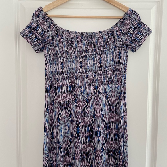 Express Smocked Bodice Maxi Dress Blue Purple Stretch Comfy Boho Off Shoulder S - Picture 12 of 16